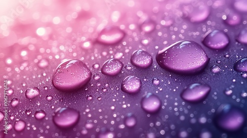 Water droplets glisten on a purple gradient background, showcasing the smooth and clear texture of skincare cosmetic products.