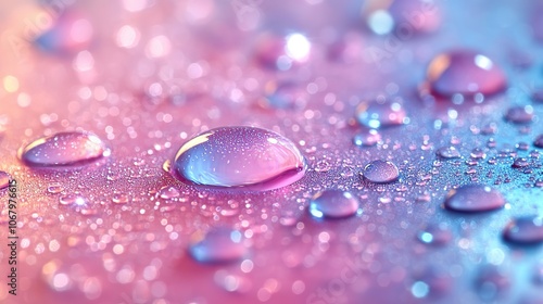 Water or serum drops on a holographic gradient background, featuring neon pink, blue, and purple tones, representing beauty or skincare products, perfect for banners or cosmetic promotions.