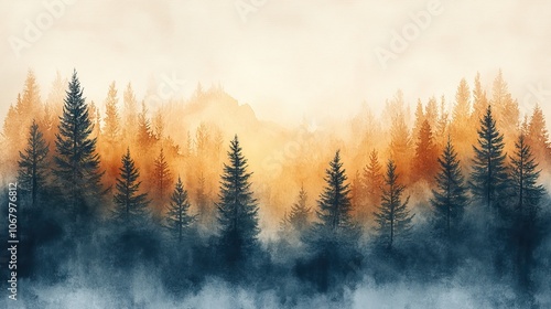 Watercolor forest patterns with misty pine trees, promoting Christmas designs for fabric.