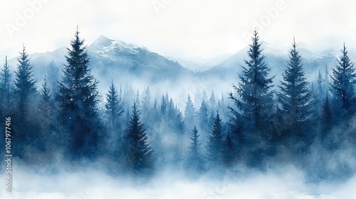 Watercolor of a spruce forest, creating a misty winter holiday background for designs.