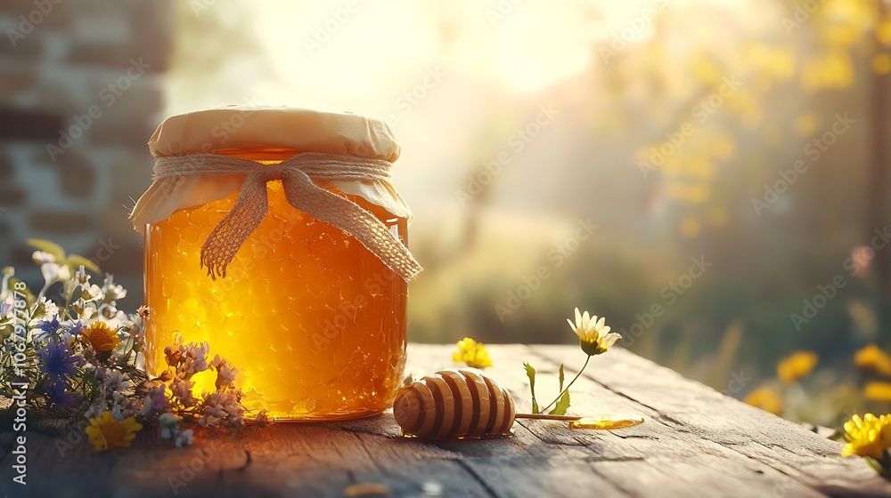 Jar of honey with a simple rustic ribbon, surrounded by a small piece of honeycomb and wildflowers, sunlight softly illuminating the jar, creating rich, golden tones, wooden table as background, Jar of honey with a simple rustic ribbon, surrounded by a small piece of honeycomb and wildflowers, sunlight softly illuminating the jar, creating rich, golden tones, wooden table as background,
