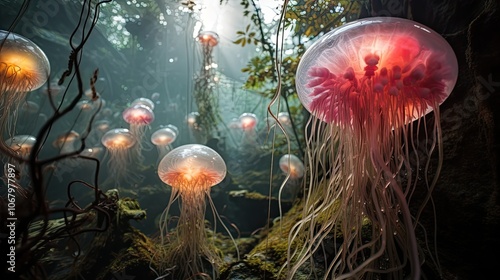 An enchanted forest where the trees and plants are made of various shades of jelly, with magical creatures frolicking among them photo