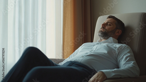 Peaceful Reflection: A man in a light shirt sits reclined in an armchair by a window, eyes closed in quiet contemplation. The image evokes feelings of serenity and introspection.