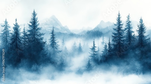 Watercolor winter forest scene, with misty trees set for Christmas or holiday design backgrounds.