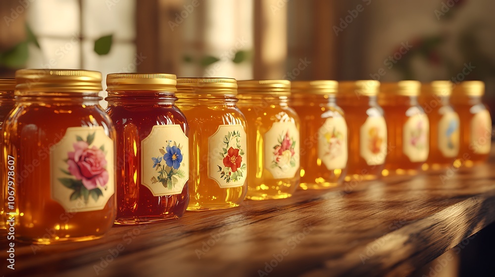 Multiple small honey jars arranged in a row, each with a floral label and unique color of honey, golden reflections under soft light, rustic wooden surface for a cozy feel, hd realism. --ar 16:9 Multiple small honey jars arranged in a row, each with a floral label and unique color of honey, golden reflections under soft light, rustic wooden surface for a cozy feel, hd realism. --ar 16:9