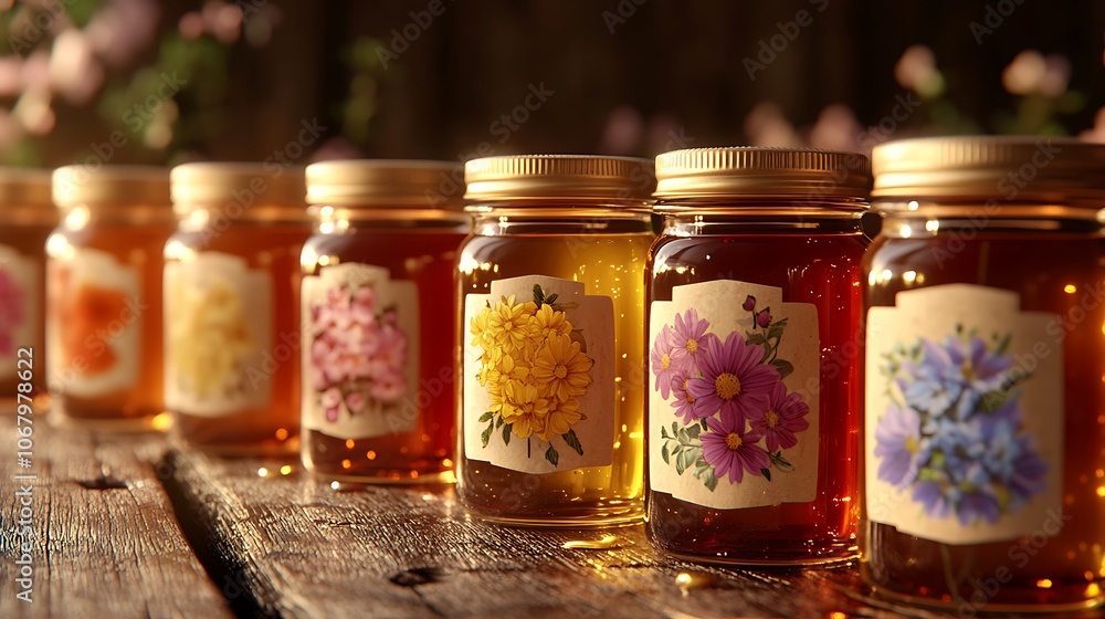 Multiple small honey jars arranged in a row, each with a floral label and unique color of honey, golden reflections under soft light, rustic wooden surface for a cozy feel, hd realism. --ar 16:9 Multiple small honey jars arranged in a row, each with a floral label and unique color of honey, golden reflections under soft light, rustic wooden surface for a cozy feel, hd realism. --ar 16:9