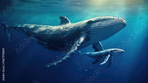 An immersive scene of a blue whale and its calf swimming together, with a focus on the bond between them and the beautiful, sunlit underwater environment surrounding them.  photo