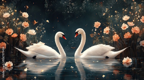 Fototapeta Naklejka Na Ścianę i Meble -  White swans swim gracefully across a lake in this fairy-tale scene, with blooming flowers and a serene spring backdrop for a card design.