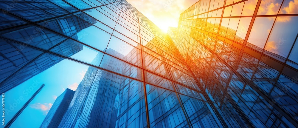 Low angle view of a modern glass skyscraper with the sun shining through the windows. Low angle view of a modern glass skyscraper with the sun shining through the windows.