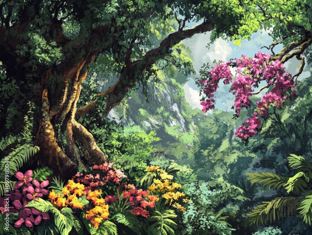 A variety of tropical trees growing together in a lush rainforest, surrounded by vines and orchids A variety of tropical trees growing together in a lush rainforest, surrounded by vines and orchids