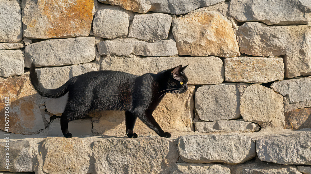Obraz premium black cat on a stone wall in natural sunlight