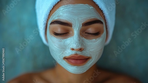 Woman receiving a facial mask in a spa, promoting beauty treatments and skincare concepts.