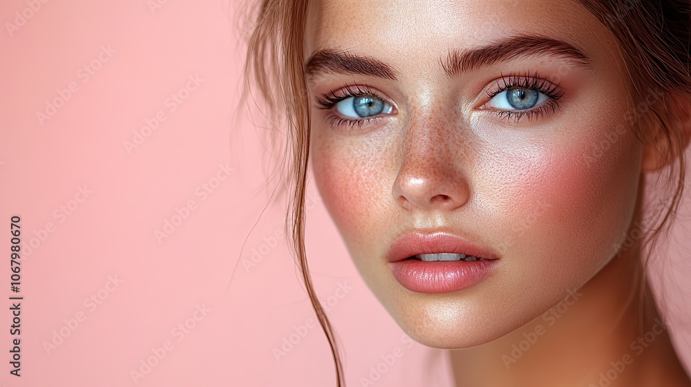 Woman with lifted skin after a cosmetic procedure on a light pink background, promoting anti-aging treatments. Woman with lifted skin after a cosmetic procedure on a light pink background, promoting anti-aging treatments.