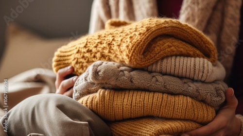 Female hands expertly folding and stacking chunky knitted sweaters on a soft sofa, with a warm and inviting blanket draped over the backrest. photo