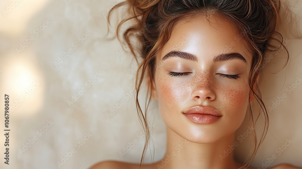 Woman with lifted skin after a facelift procedure on a beige background, promoting anti-aging cosmetic treatments. Woman with lifted skin after a facelift procedure on a beige background, promoting anti-aging cosmetic treatments.