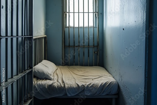 A view inside a small, cramped jail cell with metal bars and a single bed, isolated on a white background
