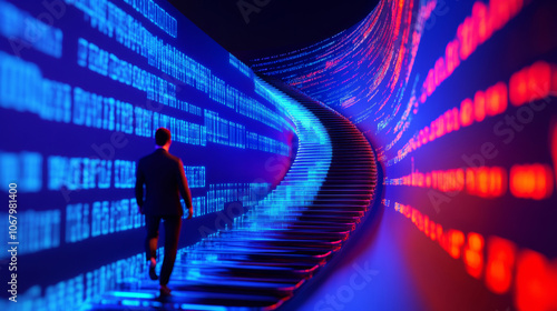 3D businessman silhouette climb stairs mountain with glowing digital charts and purple blue pink background. cyberpunk sci-fi futuristic neon lights binary code screen firewall finance technology use