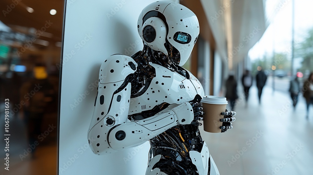 Fototapeta premium A humanoid robot leans against a wall, holding a cup of coffee in its hand.