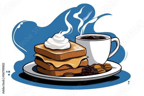 A vintage-style illustration of a classic breakfast scene with toast, jam, and a steaming cup of coffee, in nostalgic muted colors