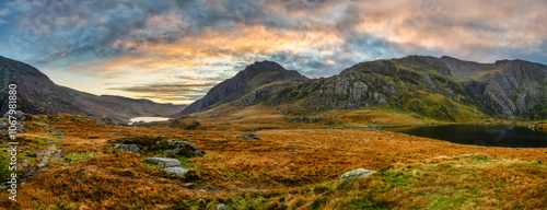 Sunrise view of Ogwen valley with Pen yr Ole Wen and Tryfan peaks in Snowdonia, North Wales. UK photo