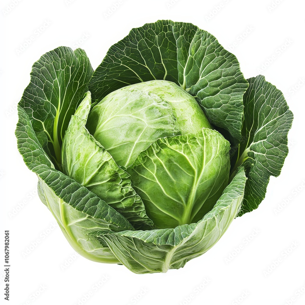 Obraz premium A whole head of cabbage, its green leaves tightly wrapped, isolated against a white background