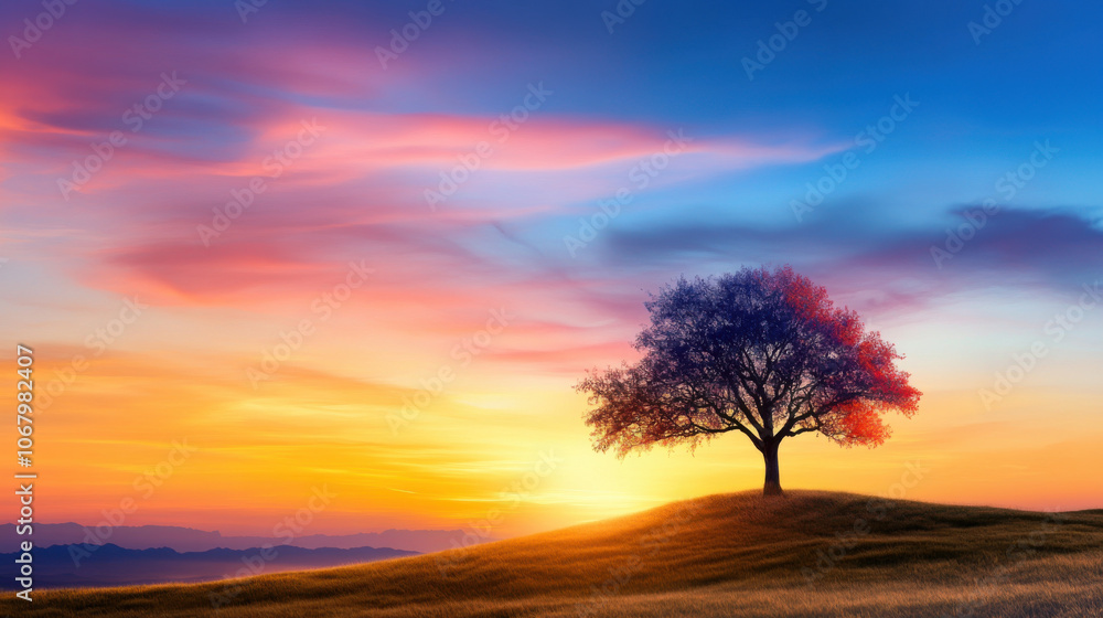 solitary tree stands against vibrant sunset sky, evoking tranquility solitary tree stands against vibrant sunset sky, evoking tranquility