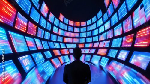 3D man silhouette standing surrounded by many floating virtual screens with digital charts and data flow blue purple background. cyberpunk sci-fi futuristic neon lights binary code screen firewal