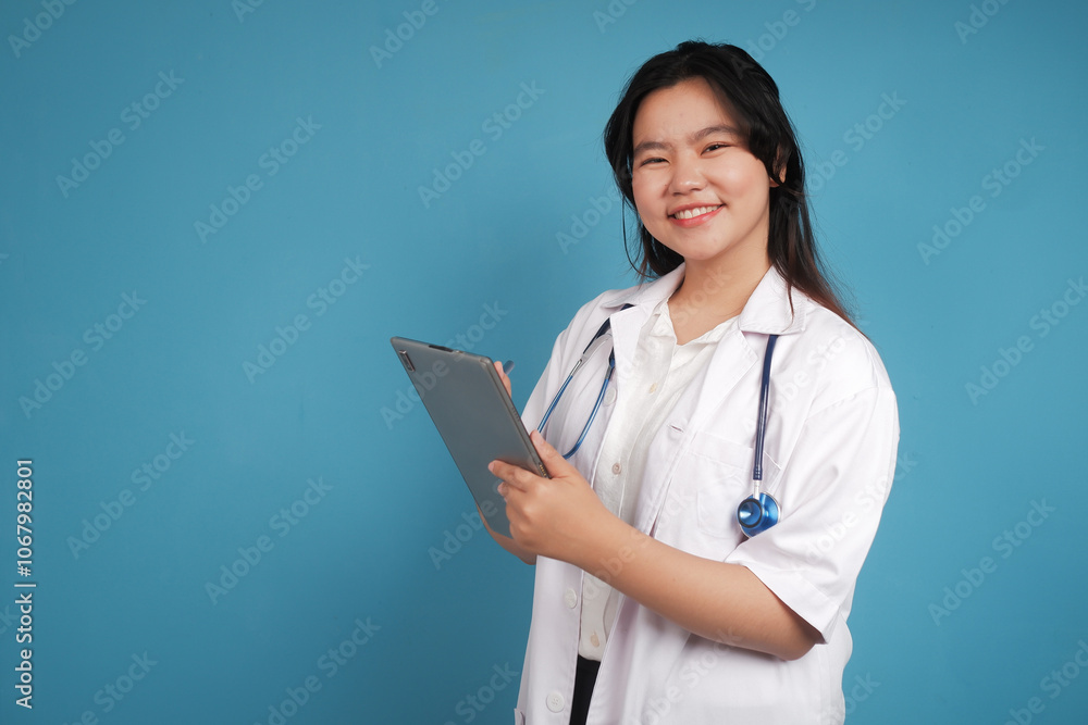 Asian young female doctor in white lab coat working on digital tablet and smiling while standing isolated on blue background Asian young female doctor in white lab coat working on digital tablet and smiling while standing isolated on blue background