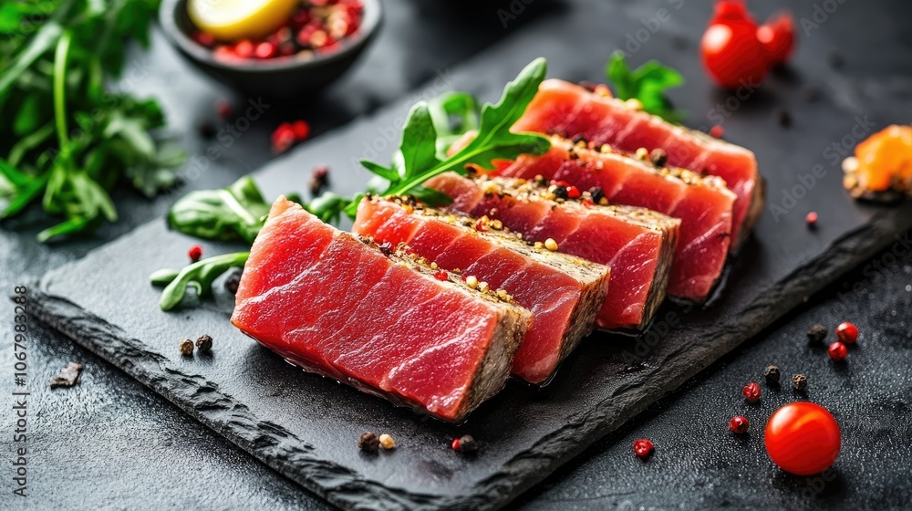 Vibrant Red Meat Slices on a Slate Serving Plate Vibrant Red Meat Slices on a Slate Serving Plate