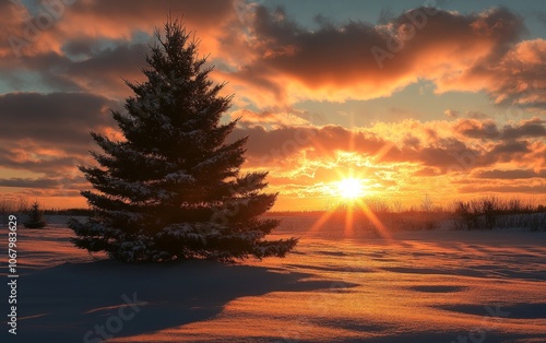 An evergreen tree silhouetted against the setting sun, standing strong through the winter