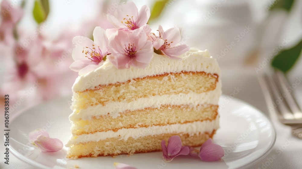Delightful Cake Slice with Flowers and Cream Delightful Cake Slice with Flowers and Cream
