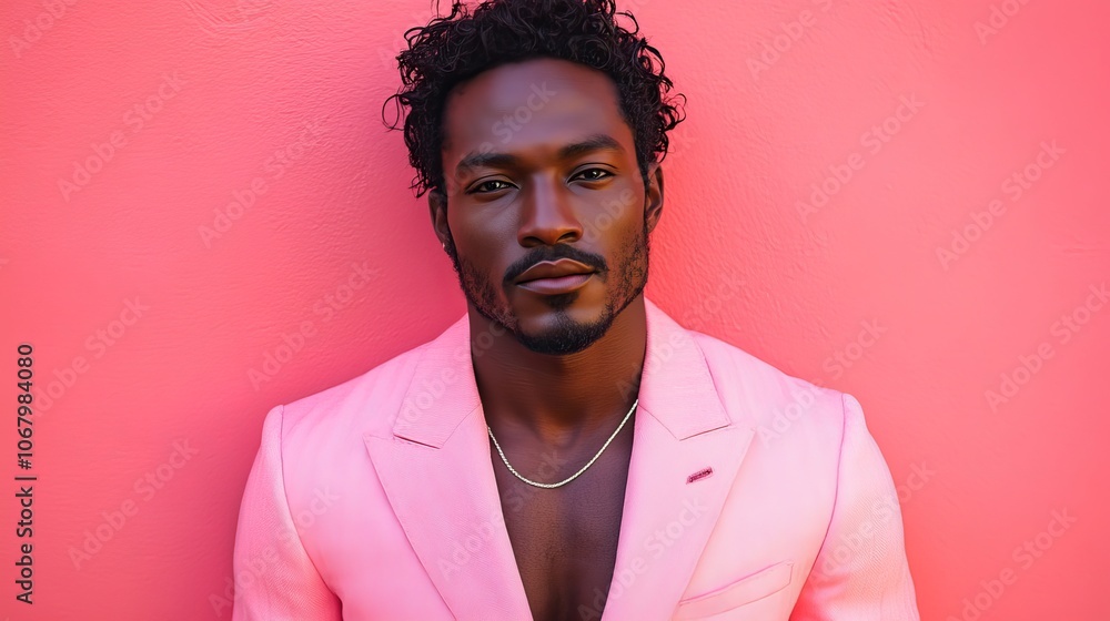 Obraz premium Fashion portrait of an African American man in a pink jacket against a fuchsia background, highlighting masculine confidence.