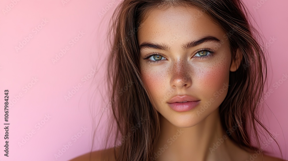 Fashionable woman with shiny, straight brown hair on a pink background, showcasing keratin treatments or beauty care products. Fashionable woman with shiny, straight brown hair on a pink background, showcasing keratin treatments or beauty care products.