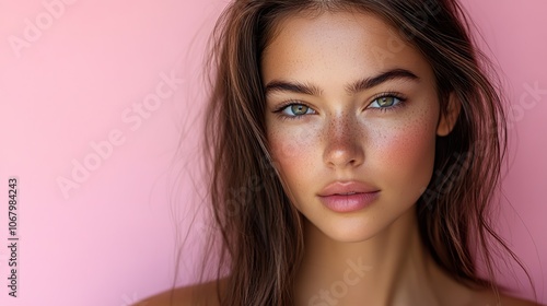 Fashionable woman with shiny, straight brown hair on a pink background, showcasing keratin treatments or beauty care products.