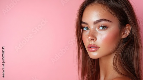 Fashionable woman with shiny, straight brown hair on a pink background, showcasing keratin treatments or beauty care products.