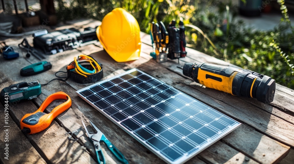 Fototapeta premium An image of a repair technician promoting sustainable practices, using solar-powered tools and equipment