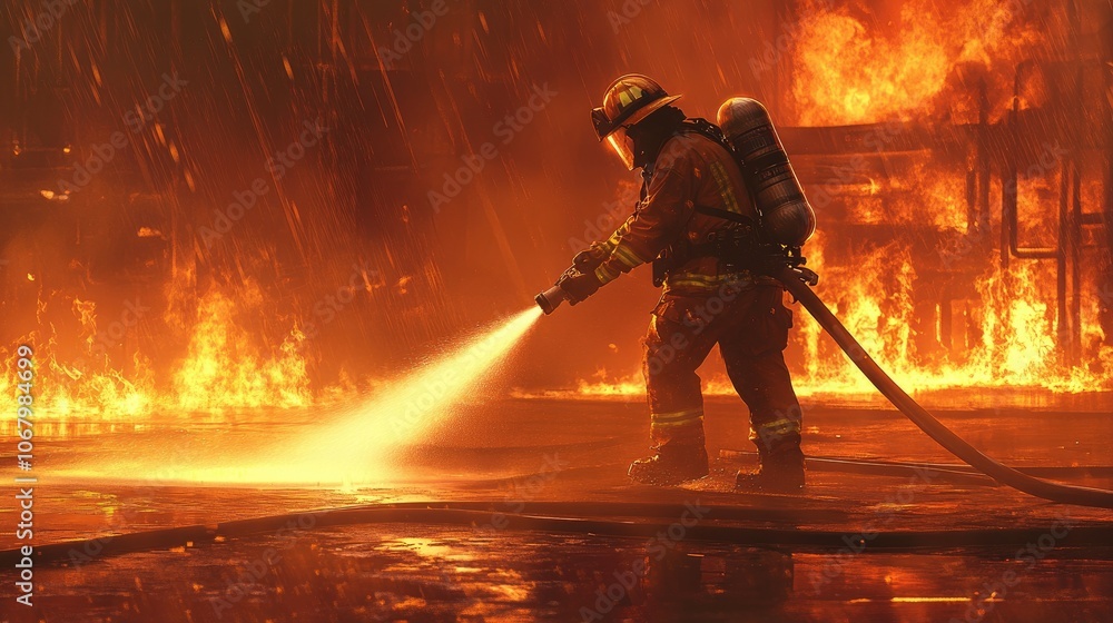 Fototapeta premium Firefighter Battling Intense Structure Blaze at Night