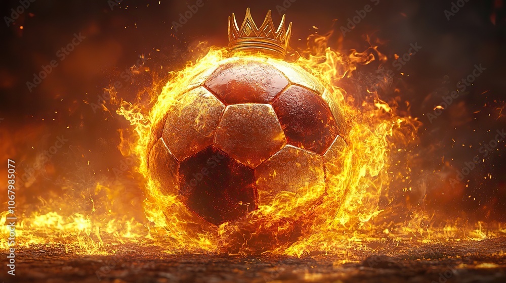 Fototapeta premium Flaming soccer ball with a golden crown, symbolizing epic goals and football victory, ideal for championship banners.