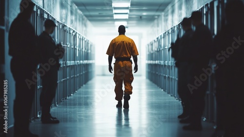 An inmate walking down a prison corridor, flanked by guards, isolated on a white background