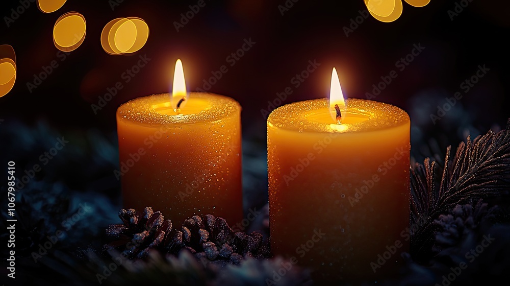Flickering candles glow in the dark, with church lights in the background, adding a festive touch to Christmas Eve or Chanukah. Flickering candles glow in the dark, with church lights in the background, adding a festive touch to Christmas Eve or Chanukah.