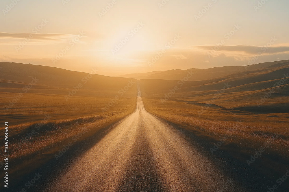 Fototapeta premium Long empty road stretches out towards the horizon background