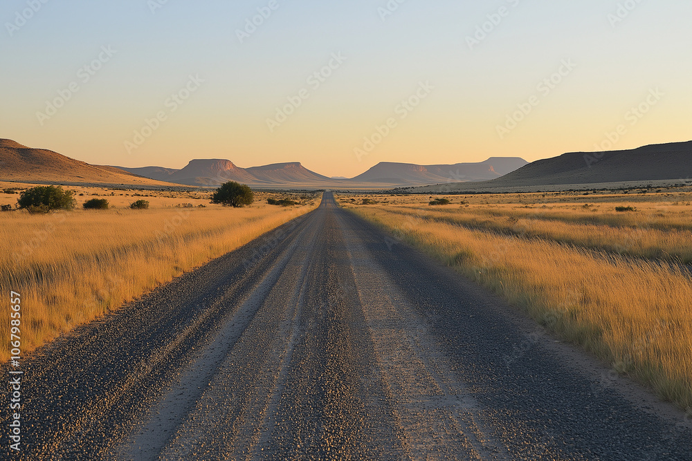 Fototapeta premium Long empty road stretches out towards the horizon background 
