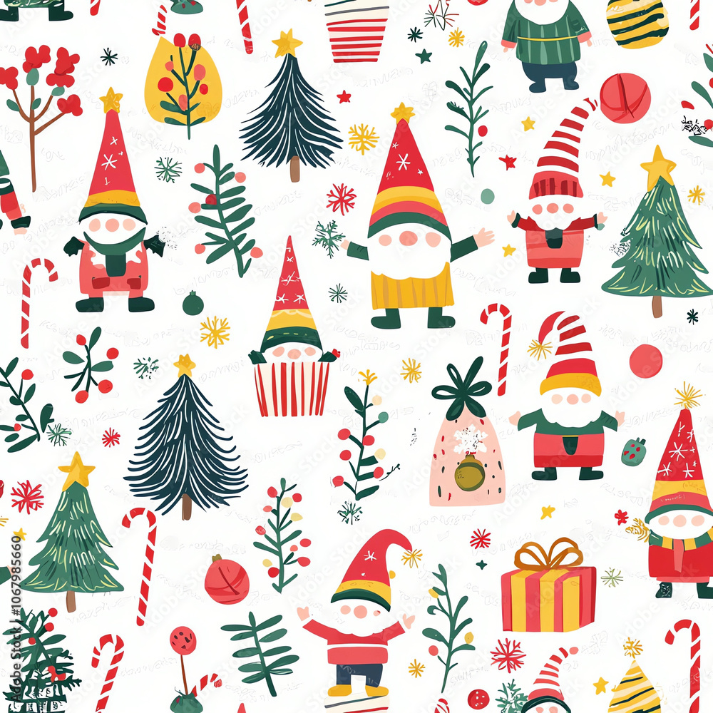 A cute Christmas pattern with gnomes, candy canes, and trees on a white background. A cute Christmas pattern with gnomes, candy canes, and trees on a white background.