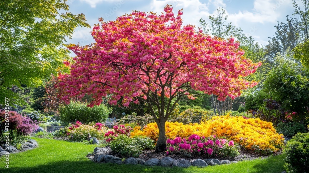 Naklejka premium An ornamental tree in full bloom, its branches filled with colorful flowers, adding elegance to a garden