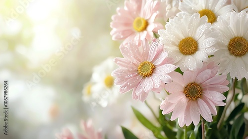 Detailed view of dewdrops on daisy, intense focus, soft lighting