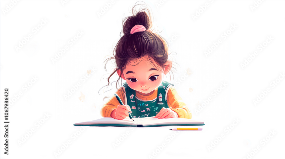 Illustrated scene of a tender little girl learning to write in an open book Illustrated scene of a tender little girl learning to write in an open book