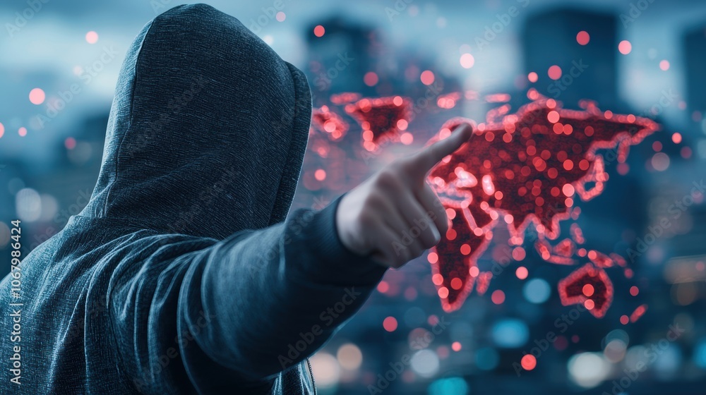 A hooded figure pointing towards a world map projected on a dark screen, with glowing red lines connecting different continents, depicting global cyberattacks. A hooded figure pointing towards a world map projected on a dark screen, with glowing red lines connecting different continents, depicting global cyberattacks.