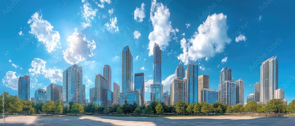 Fototapeta premium Sunny day cityscape with skyscrapers and green trees in the foreground.