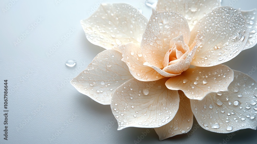 Fototapeta premium Dewcovered rose petal with fine detail, sharp contrast