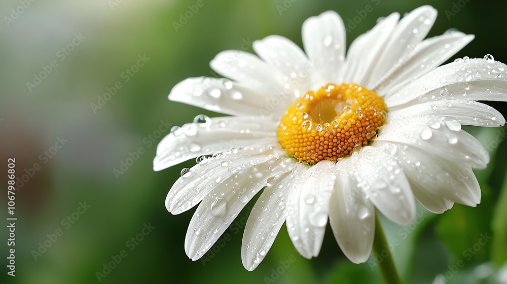 Fototapeta premium Dewdropladen daisy petal closeup, crisp focus, soft lighting